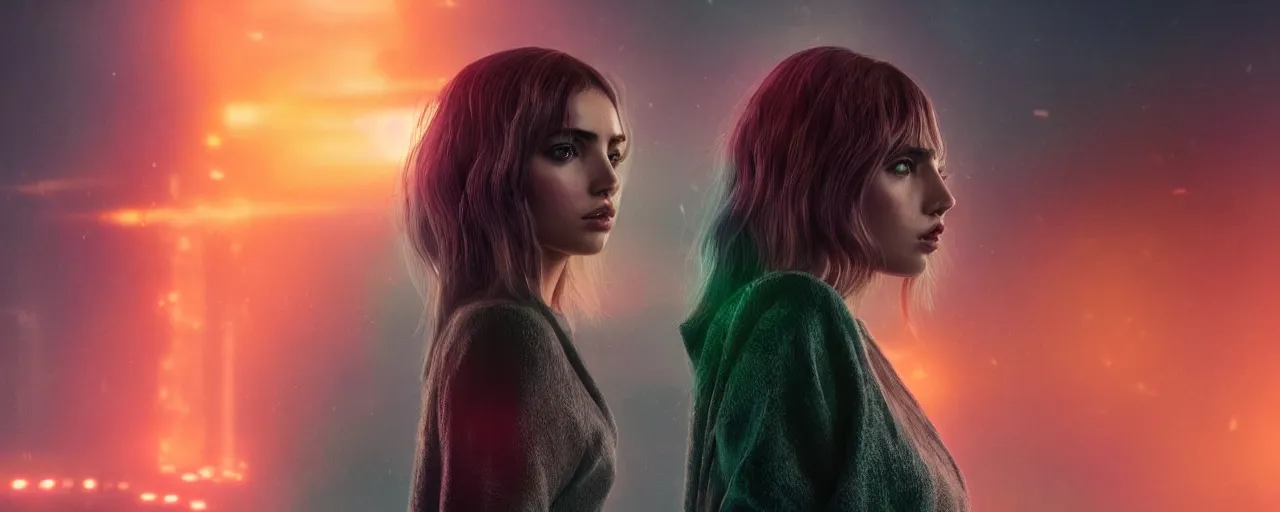 Image similar to breathtakingly beautiful Ana de Armas in blade runner 2049, long flowing hair, laser cannon, 8k, trending on artstation, unreal engine, purple neon, green rain