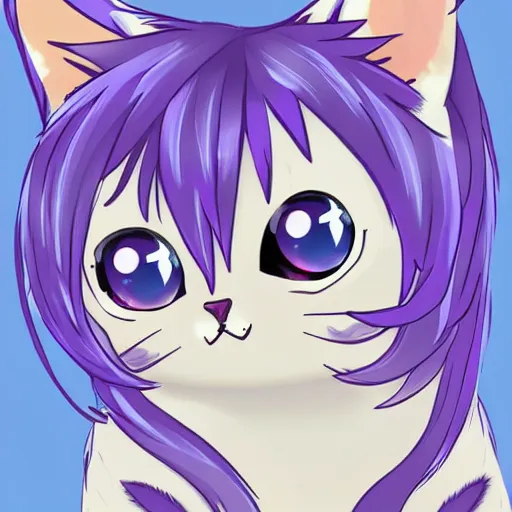 Image similar to cute anthro anime tabby cat with blue fur and purple hair, digital art