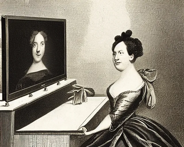 Image similar to 1 7 0 0 s photo of a person watching a flat screen hd tv