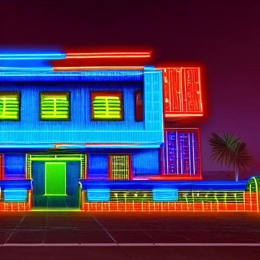 Image similar to cybernetic neon lit ndebele homestead seen from the front, highly detailed, octane rendered