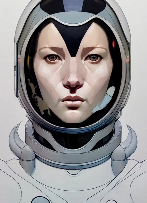 Image similar to artwork by james jean and Phil noto; a close up on the face of a beautiful woman in a future space suit; wearing futuristic astronaut helmet; highly detailed; pretty eyes; circular black pupils; artwork by james jean and Phil noto