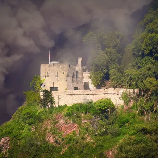 Prompt: old castle on a green hill, with rocks and bushes, debris, smoke flowing