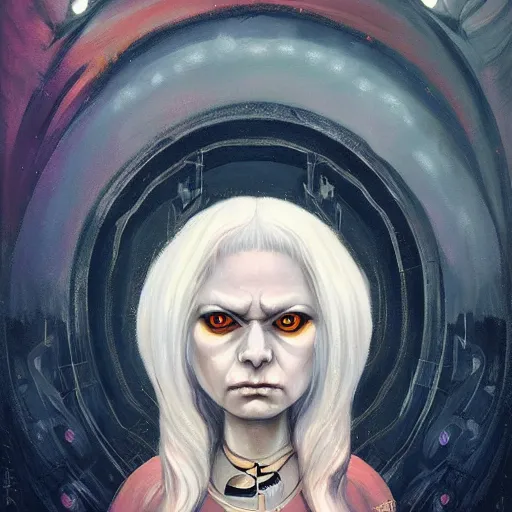 Image similar to portrait of small, cute, rubbery, huge-eyed, big-lipped albino mutant priestess with elaborate white hair with serious expression; science fiction concept art by Anato Finnstark, Margaret Keane, Greg Rutkowski