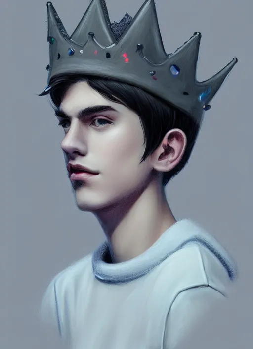 Prompt: portrait of teenage jughead jones wearing a light grey crown, photorealistic, single color crown made of fabric, crown made of felt, black hair, intricate, elegant, highly detailed, digital painting, glowing lights, artstation, concept art, smooth, sharp focus, illustration, art by wlop, mars ravelo and greg rutkowski