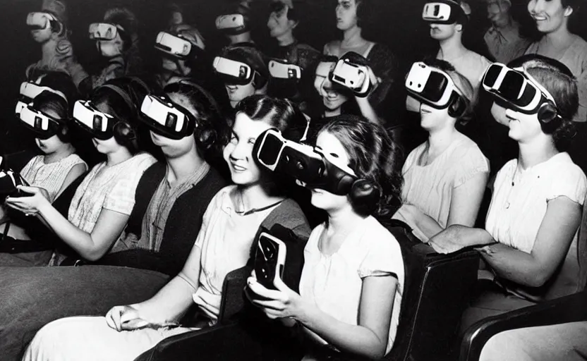 Image similar to 1 9 0 0 s photo of people using iphones ipods virtual reality headsets vr in a movie theater masterpiece