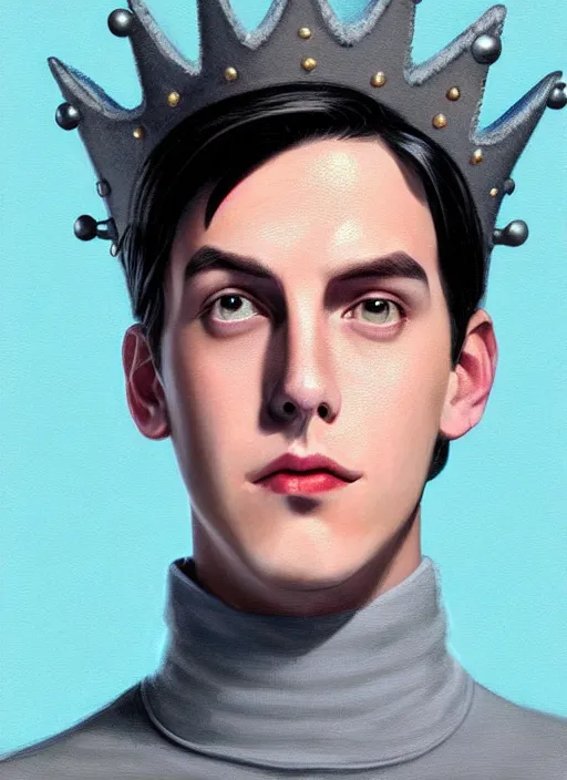 Image similar to portrait of teenage jughead jones wearing a light grey crown, crown, blue turtleneck, 1 9 5 0 s, closed eyes, photorealistic, black hair, glowing lighting, intricate, elegant, glowing lights, highly detailed, digital painting, artstation, concept art, smooth, sharp focus, illustration, art by wlop, mars ravelo and greg rutkowski