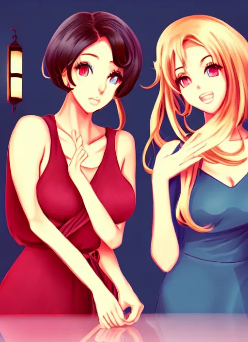 Prompt: two beautiful housewives in the living room on a hot summer evening, gorgeous faces, thick lines, cinematic lighting, detailed anime art