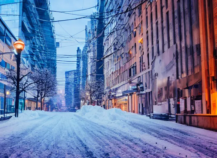 Image similar to a city street covered with snow, winter, dusk, futuristic city, robots populate the street, futuristic cars, extremely detailed, sharp focus, rule of thirds, award winning photography.