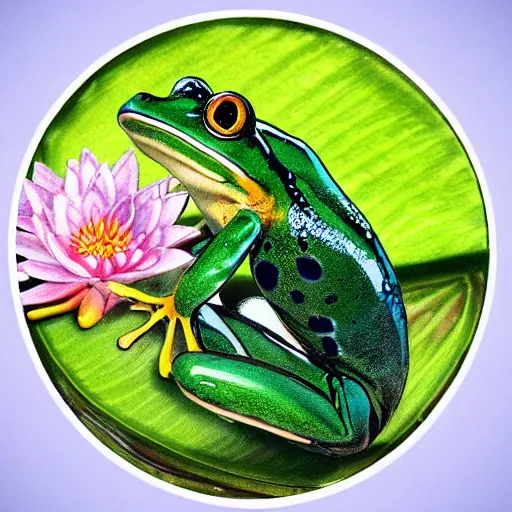 Prompt: !!! sticker!!! close - up of a frog in the water lilies, highly detailed, digital art, matte painting, sharp focus,