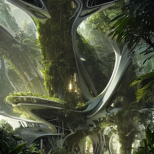 Prompt: epic, ultra detailed, hyper - real alien jungle by zaha hadid and greg rutkowski