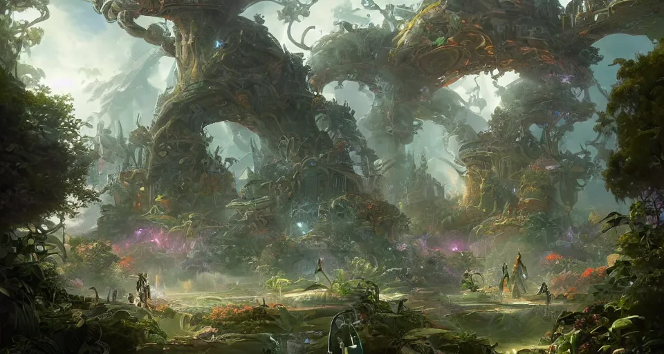 Prompt: a beautiful digital matte painting of a cybernetic nexus of the gods in the middle of a beautiful garden, by peter mohrbacher and alex petruk, complex swirling accents, clearly visible, clean air, futuristic