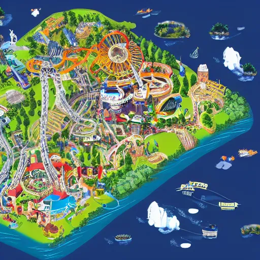 Prompt: theme park map, aerial view, illustration