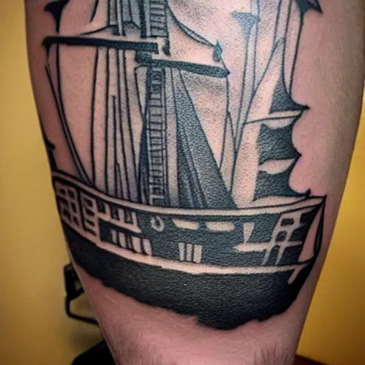 Image similar to A pirate ship tattoo design in the style of Dmitriy Samohin