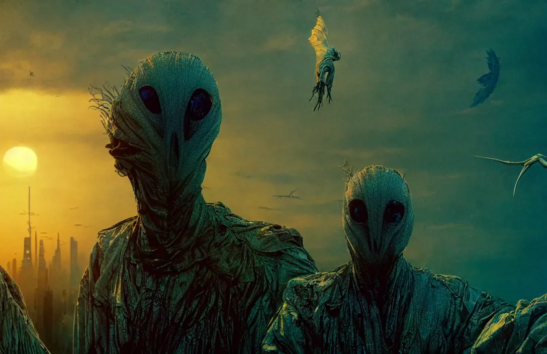 Image similar to realistic detailed portrait movie shot of a birdman wearing dark ragged robes, futuristic city sunset landscape background by denis villeneuve, amano, yves tanguy, alphonse mucha, ernst haeckel, max ernst, roger dean, ridley scott, dynamic closeup composition, rich moody colours, blue eyes