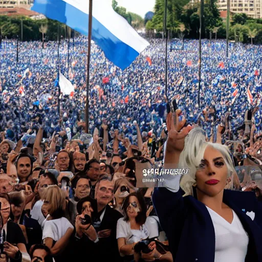 Image similar to Lady Gaga as president, Argentina presidential rally, Argentine flags behind, bokeh, giving a speech, detailed face, Argentina