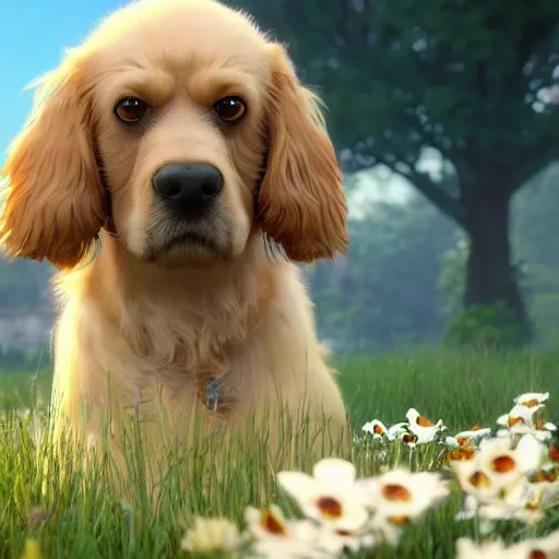 Prompt: a wholesome animation key shot of a cream colored cocker spaniel, studio ghibli, pixar and disney animation, sharp, rendered in unreal engine 5, anime key art by greg rutkowski, bloom, dramatic lighting