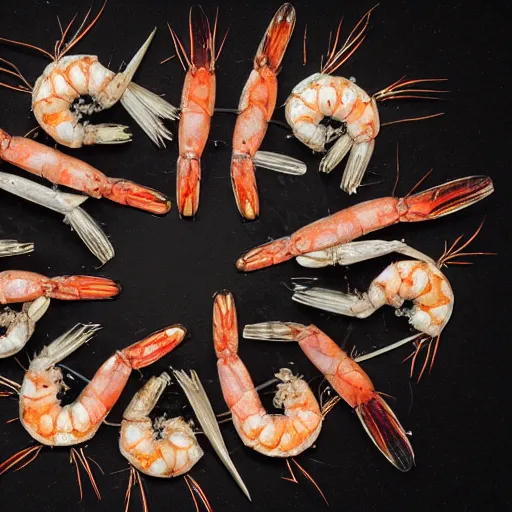 Image similar to a group of different types of shrimp on a black background, a microscopic photo by earnst haeckel, shutterstock contest winner, synchromism, bioluminescence, made of insects, made of feathers