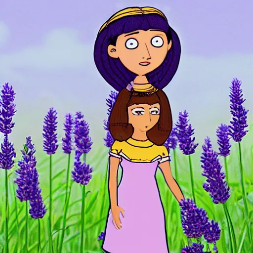 Image similar to angela anaconda reciting poetry in a field of lavender, in the style of arthur adams