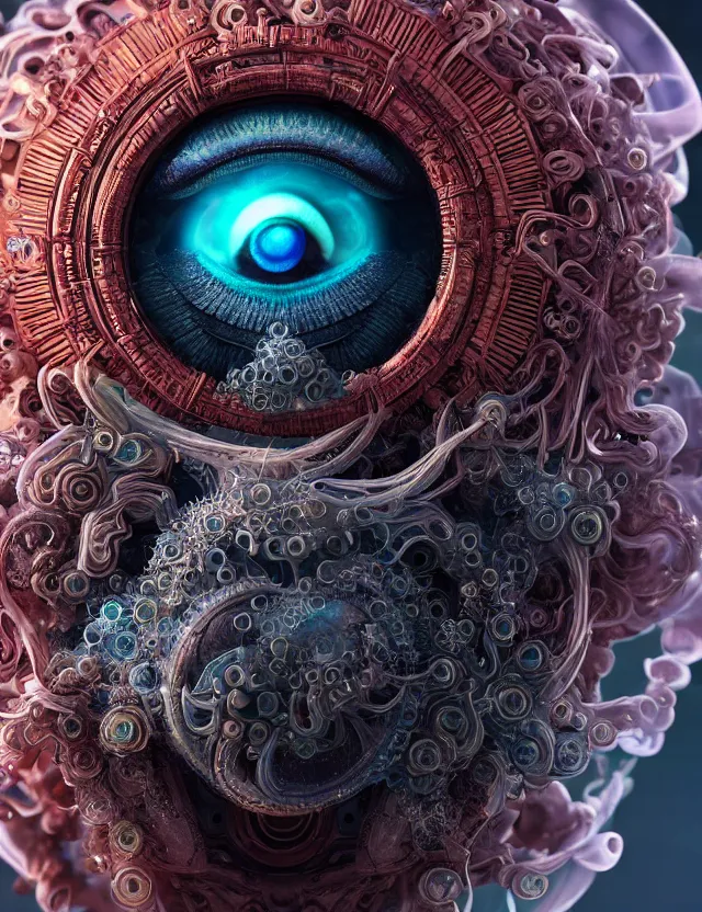 Image similar to eye of god macro close - up portrait with mask made of ram skull. betta fish, jellyfish phoenix, plasma, water, wind, creature, super intricate ornaments artwork by tooth wu and wlop and beeple and greg rutkowski