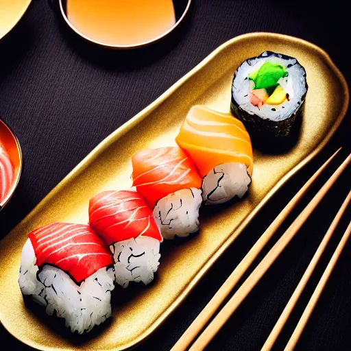 Prompt: a plate of sushi on a reflective gold plate, mortified at its existence, screaming, caricature, California roll, photorealistic, 4k, cinematic lighting, smooth, funny