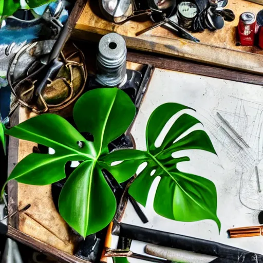 Image similar to A close-up shot of a metal table with laboratory tools and materials in an abandoned biopunk laboratory, plants everywhere, jungle themed, monstera, life,