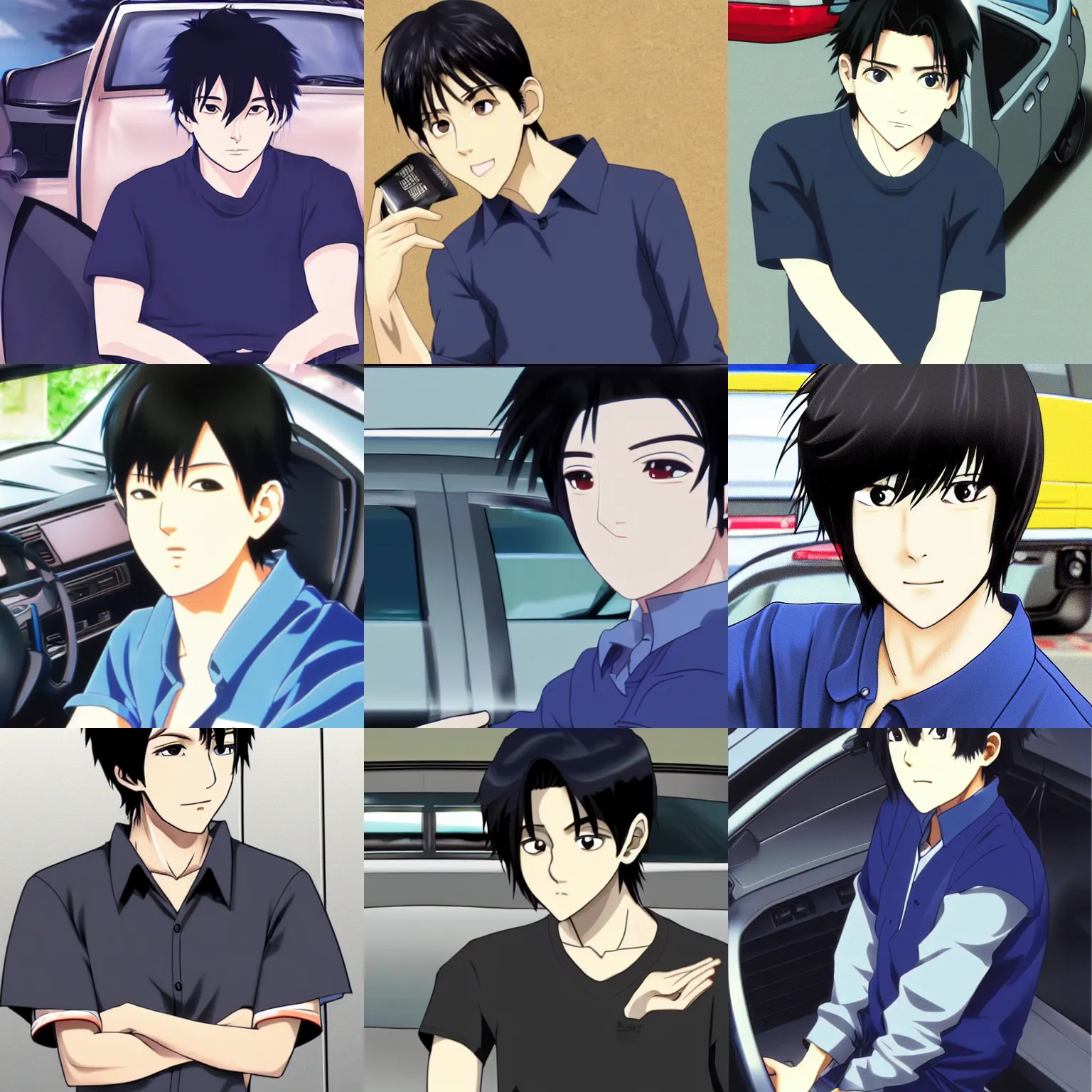 Prompt: ryosuke takahashi with black hair wearing a dark blue shirt in a car getting food at mcdonald's drive - thru, initial d anime, initial d anime 1 0 8 0 p, detailed anime face, 1 9 9 8's anime, artstation, high detail
