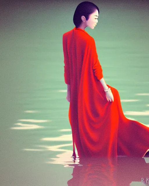 Image similar to medium closeup shot, flash long exposure photography of asian woman fashion posing in the lake, digital illustration by ruan jia, sharp focus, high details