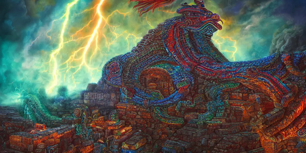 Image similar to Quetzalcoatl  the feathered serpent deity hovering above a giant mayan temple by Liam Wong and Boris Vallejo, stone carving, colorful, glyphs, rocket, wall of a tomb, highly details, realistic, cinematic lightning, medium shot, mid-shot, highly detailed, trending on artstation, Unreal Engine 4k