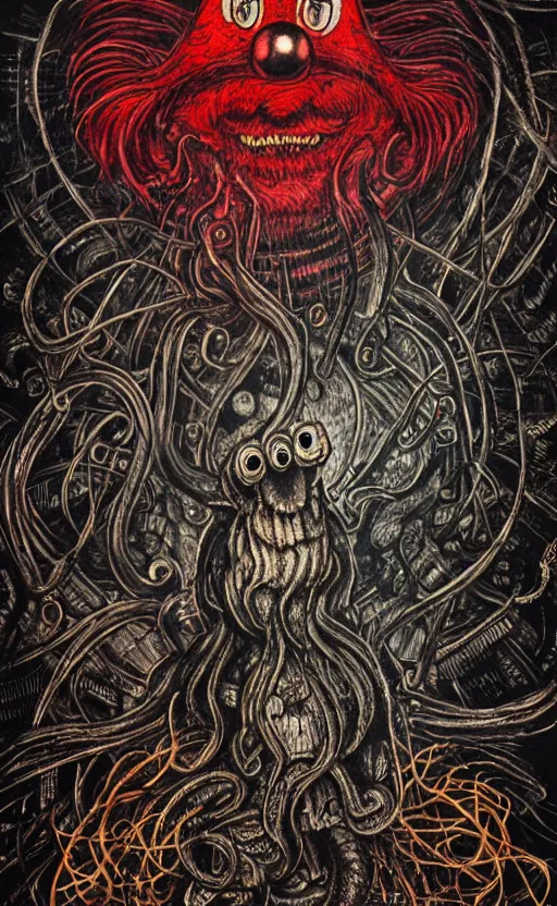 Prompt: portrait of lovecraftian elmo in the middle of it, surrounded by beams of light dark background by wayne barlow, stanley donwood, anton semenov, zdzislaw bekinski, hr giger, 8 k, fantasy, dark, highly detailed