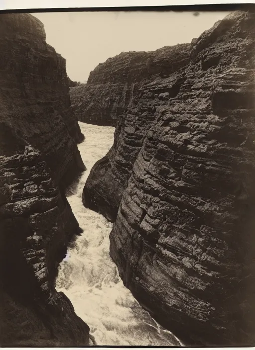 Image similar to Photograph of rushing water at the bottom of a Canyon, huge cliffs, sparse desert vegetation, albumen silver print, Smithsonian American Art Museum