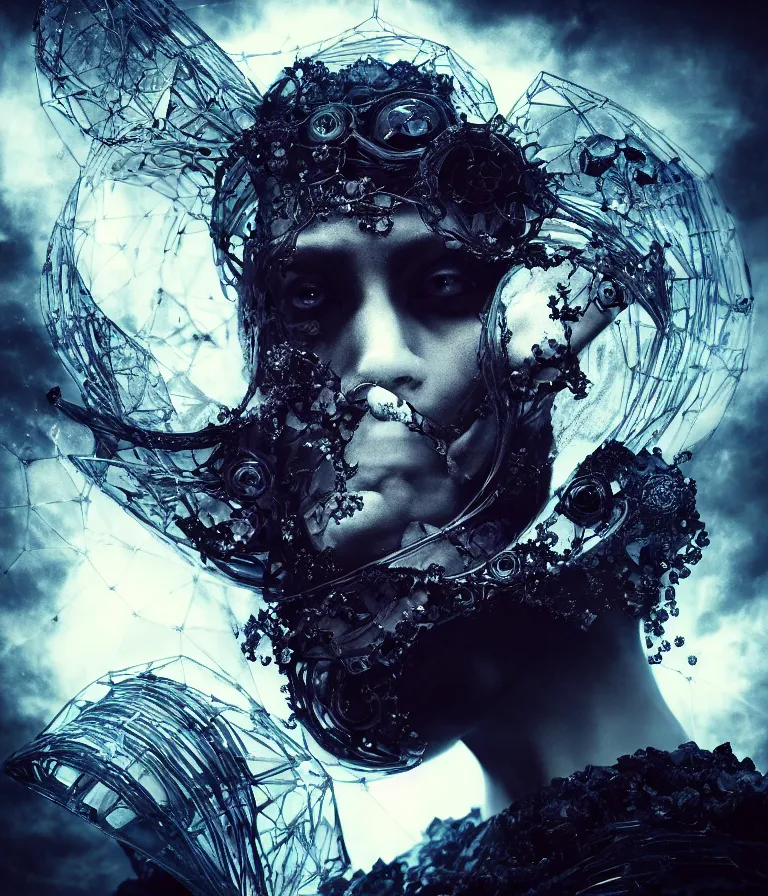 Prompt: phenomenal ominous front!! shot photo of a court jester character fine portrait fine portrait mesmerizing fractal hyper cubes platinum cracked dark future hyper dimensional space galactic crystal nebula edges elegant detailed intricate concept artstation sharp focus ray tracing cinematic masterpiece temporal corruption beeple wlop germ 8 4 k scifi glossy hyper realistic illustration canon eos r 3 fujifilm x - t 3 0 sony alpha a 6 6 0 0