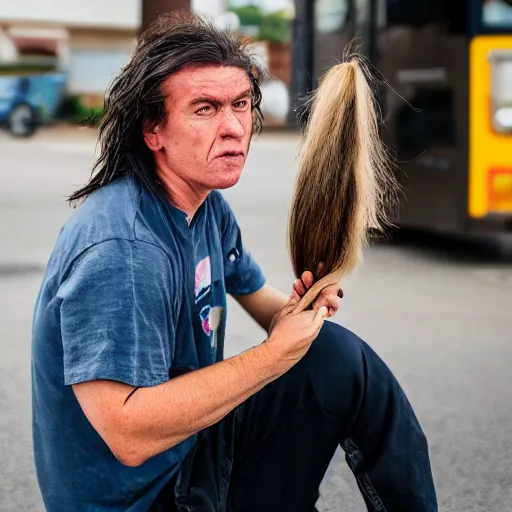 Image similar to A bogan with a mullet haircut waiting for the bus, Canon EOS R3, f/1.4, ISO 200, 1/160s, 8K, RAW, unedited, symmetrical balance, in-frame