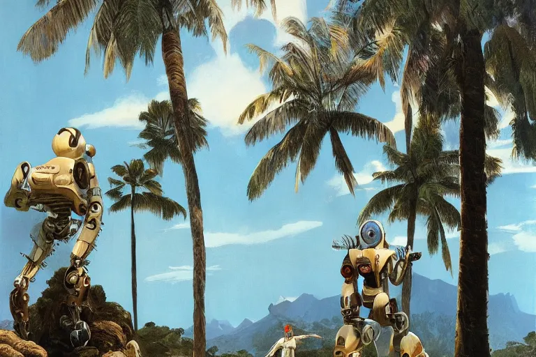 Image similar to natural american landscape | robot greeting another robot | palm trees | snowy mountains, painting by syd mead and weta studio and james jean, frank frazetta, highly detailed, rule of third, soft lighting, 8 k resolution, oil on canvas, architectural magazine, beautiful detailed, insanely intricate details, artstation trending, hypermaximalistic, high details, cinematic