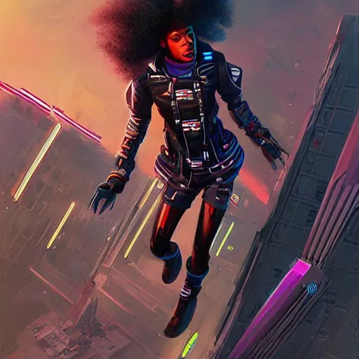 Image similar to a black girl flying through the synthwave city with a rocketpack in a cyberpunk style by greg rutkowski and android jones, oil on canvas