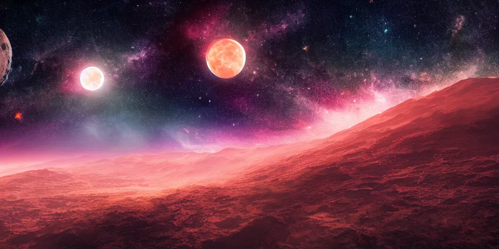 Image similar to moon setting, space, galaxy, milkyway, nebula, Mars, planets, neon, cinematic, realistic, glow, beautiful,