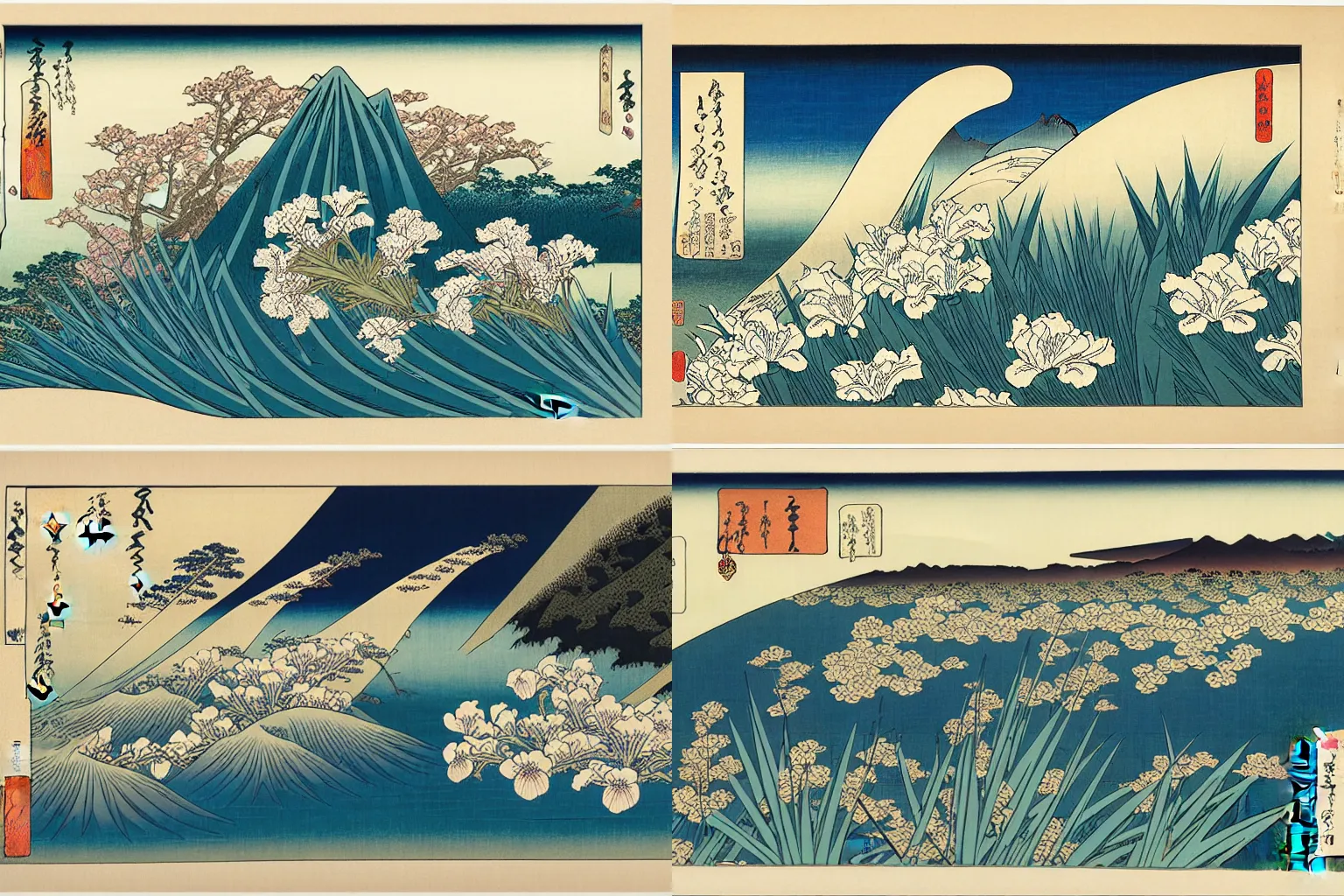 Prompt: an awe inspiring ukiyo - e print of irises in a scenic environment by katsushika hokusai and utagawa hiroshige, masterpiece, hyperdetailed, intricate, complex, 4 k