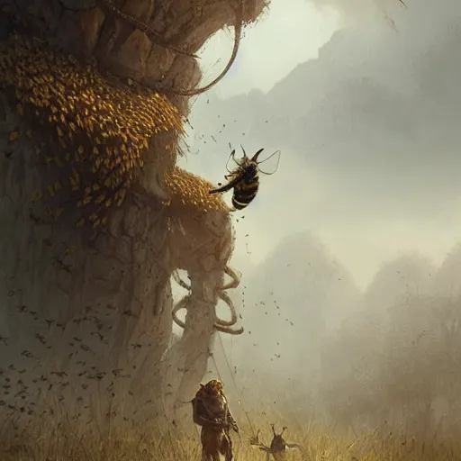 Image similar to a Hunter from Stone Age, Primal surrounded by bees Greg Rutkowski and Raymond Swanland, Trending on Artstation, cloudy background, ultra realistic digital art