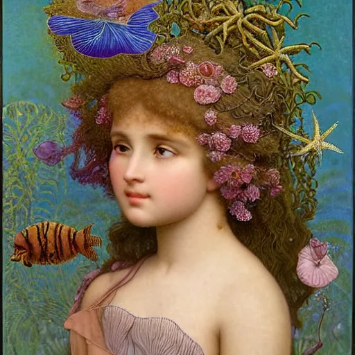 Prompt: hyperrealistic detailed portrait of a ceramic transparent young girl, with flowers, butterflies, corals, sea kelp, sea plants, fish, starfish, jellyfish, diamonds, filaments, golden filigree, dark lines, art by ernst haeckel, john william godward, hammershøi, alphons mucha, ornamental, pastel soft colours