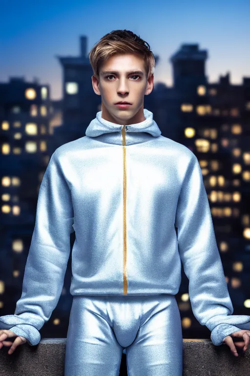 Image similar to un ultra high definition studio quality photographic art portrait of a young man standing on the rooftop of a british apartment building wearing soft baggy padded silver iridescent pearlescent clothing. three point light. extremely detailed. golden ratio, ray tracing, volumetric light, shallow depth of field. set dressed.