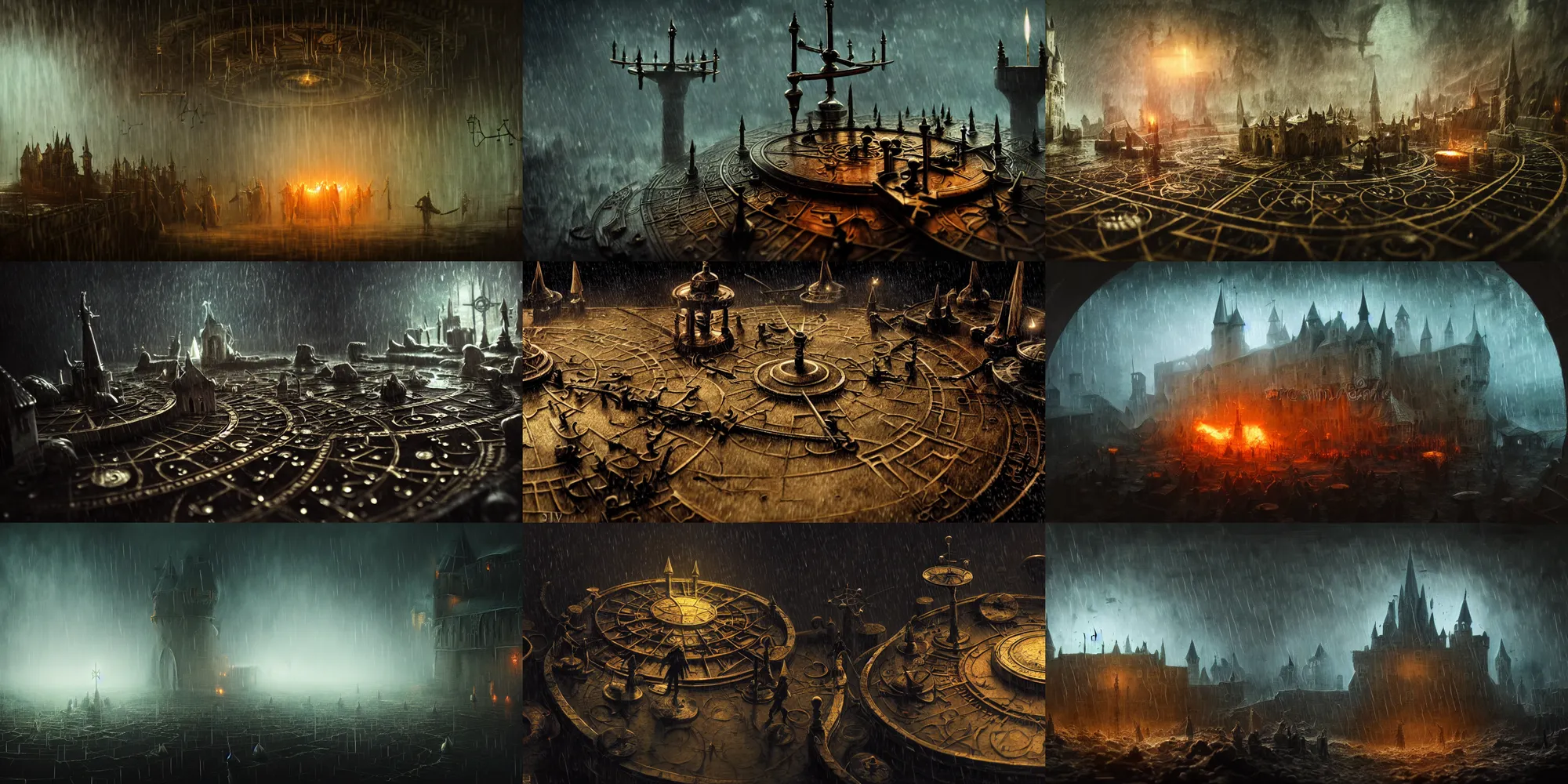 Prompt: cinematic interior close - up battle scene, lighting, sorcery magic witch battle, medieval castle orrery of terror, rain, storm, fog, illustration, highly detailed, digital painting, concept art, matte, 8 k movie still, masterpiece