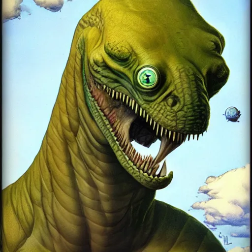 Prompt: lemon - headed dinosaur man happy, ultra detailed, style of norman rockwell, style of richard corben, 4 k, rule of thirds.