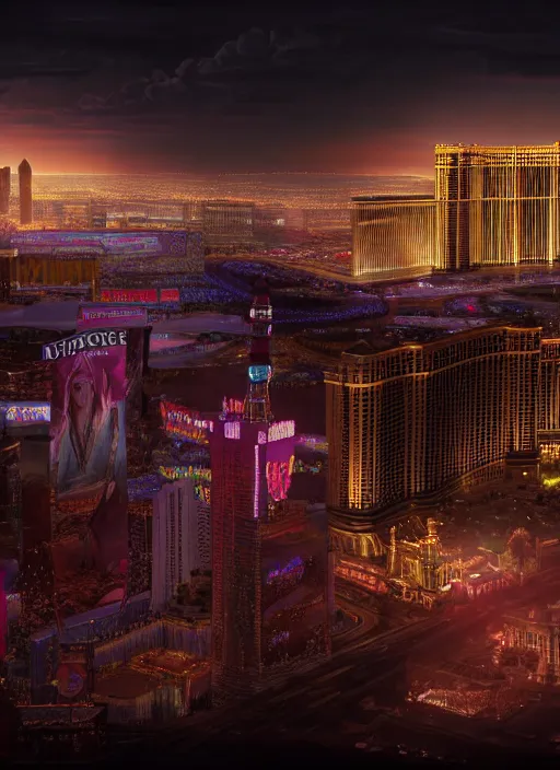 Prompt: realistic matte painting, full length portrait, duchess of blood, night shot of las vegas in background, highly detailed, CGsociety, subtle, concept art, HDR, hyper realistic, volumetric lighting, subsurface scattering, unreal