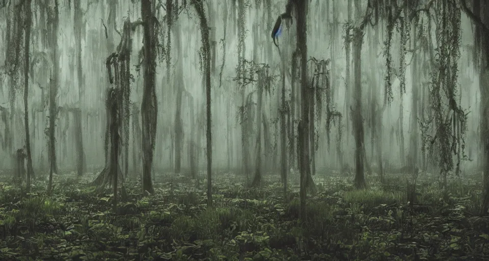 Image similar to A dense and dark enchanted forest with a swamp, with Cry engine