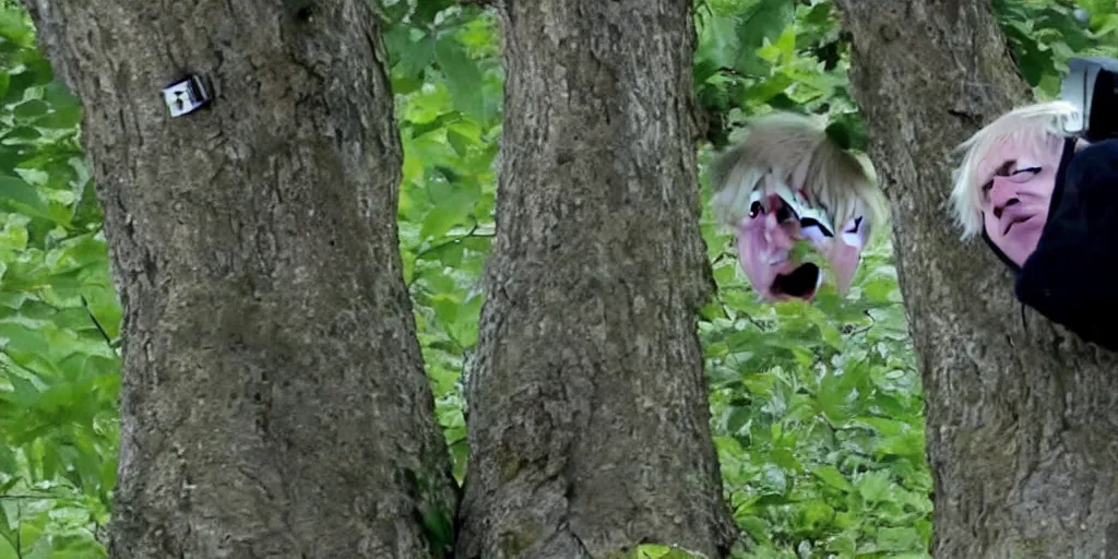 Image similar to extremely derpy looking boris johnson peeking out from behind a tree, trailcam footage