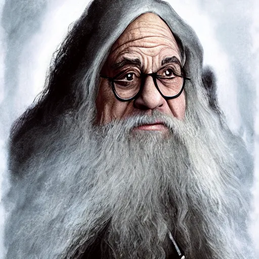 Image similar to ultra realistic illustration, danny devito as gandalf the white from lord of the rings movie, full body, high quality, highly detailrd, wide angle, illustration, digital art, full color