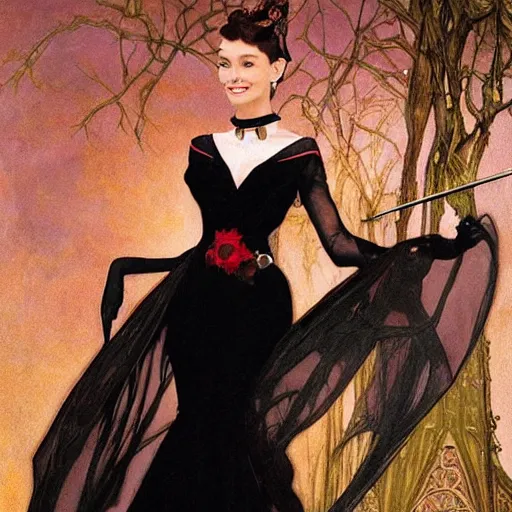 Prompt: an extremely detailed matte painting audrey hepburn as a vampire queen in a resplendent black dress with gold and crimson trim and a long leg slit, in the style of magic the gathering, 8 k, sharp focus, detailed face, art by john collier and albert aublet and krenz cushart and artem demura and alphonse mucha