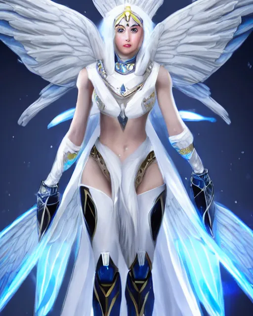 Image similar to perfect white haired attractive egyptian goddess with huge white dove wings, warframe armor, beautiful, symmetric, miley cirus, half asian, pretty face, blue eyes, detailed, scifi platform, laboratory, experiment, 4 k, ultra realistic, epic lighting, android body, illuminated, cinematic, masterpiece, art by akihito tsukushi, voidstar