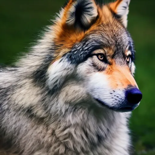 Image similar to professional full - body side profile photograph of a slightly fluffy light tan tibetan wolf with brown accents, hd, 8 k, highly detailed, high quality, cute