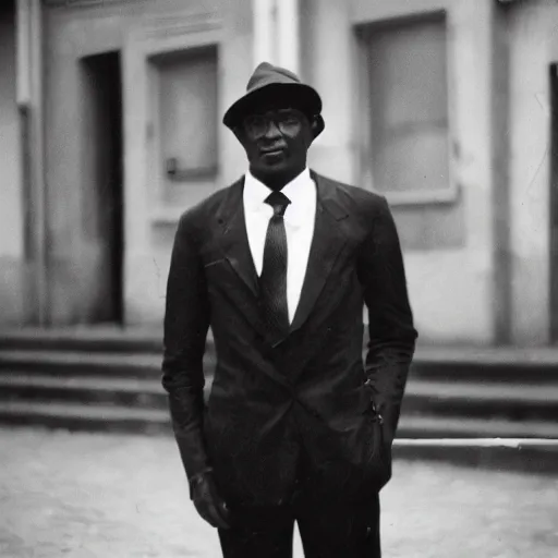 Image similar to vintage photo of a black man wearing a black suit in rio de janeiro