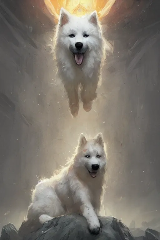 Image similar to comic book cover. heroic samoyed dog in mage clothes by greg rutkowski, trending on artstation